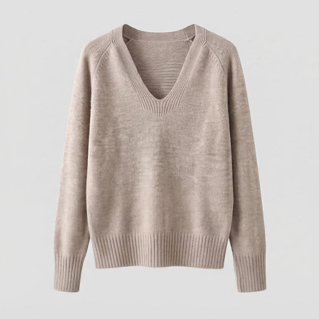 Damen feiner Strickpullover mit weichem V-Ausschnitt, leichter Oversized-Silhouette und gerippten Bündchen Shop Nory