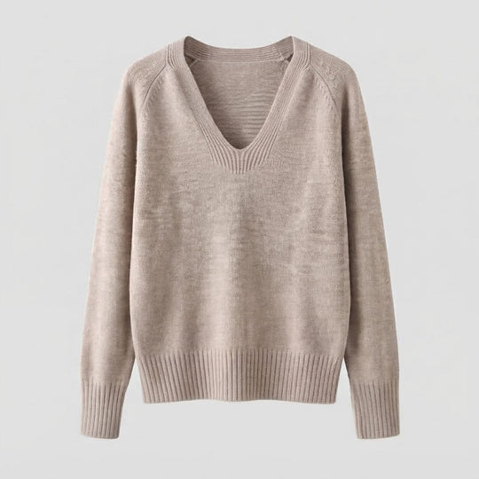 Damen feiner Strickpullover mit weichem V-Ausschnitt, leichter Oversized-Silhouette und gerippten Bündchen Shop Nory