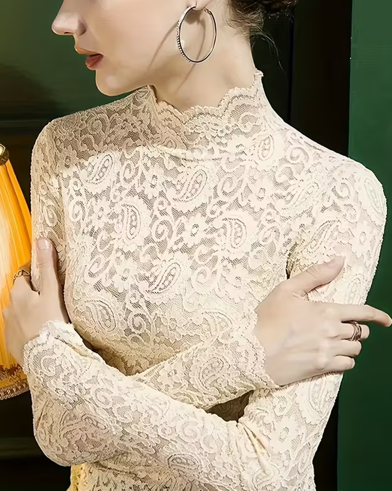 Elegant Unifarben Halbausschnitt Langarm Spitze