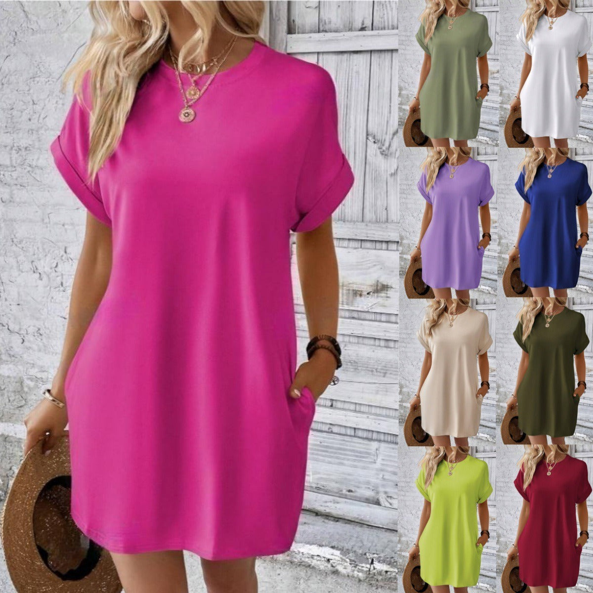 Lässiges einfarbiges Kleid mit Rundhalsausschnitt