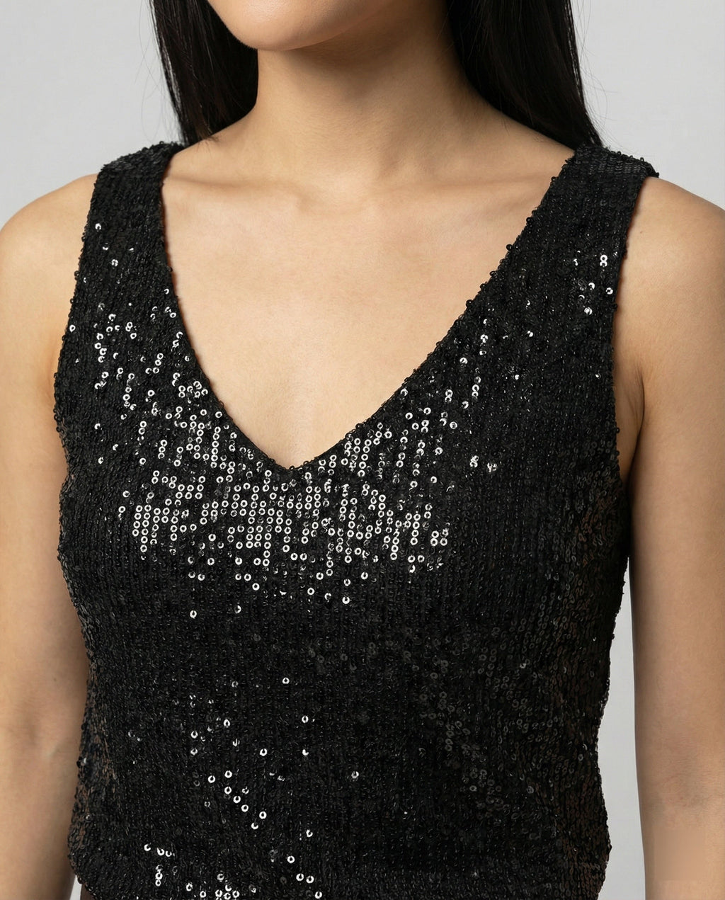 Damen Glitzerndes Oberteil mit V-Ausschnitt und funkelndem Paillettenbesatz