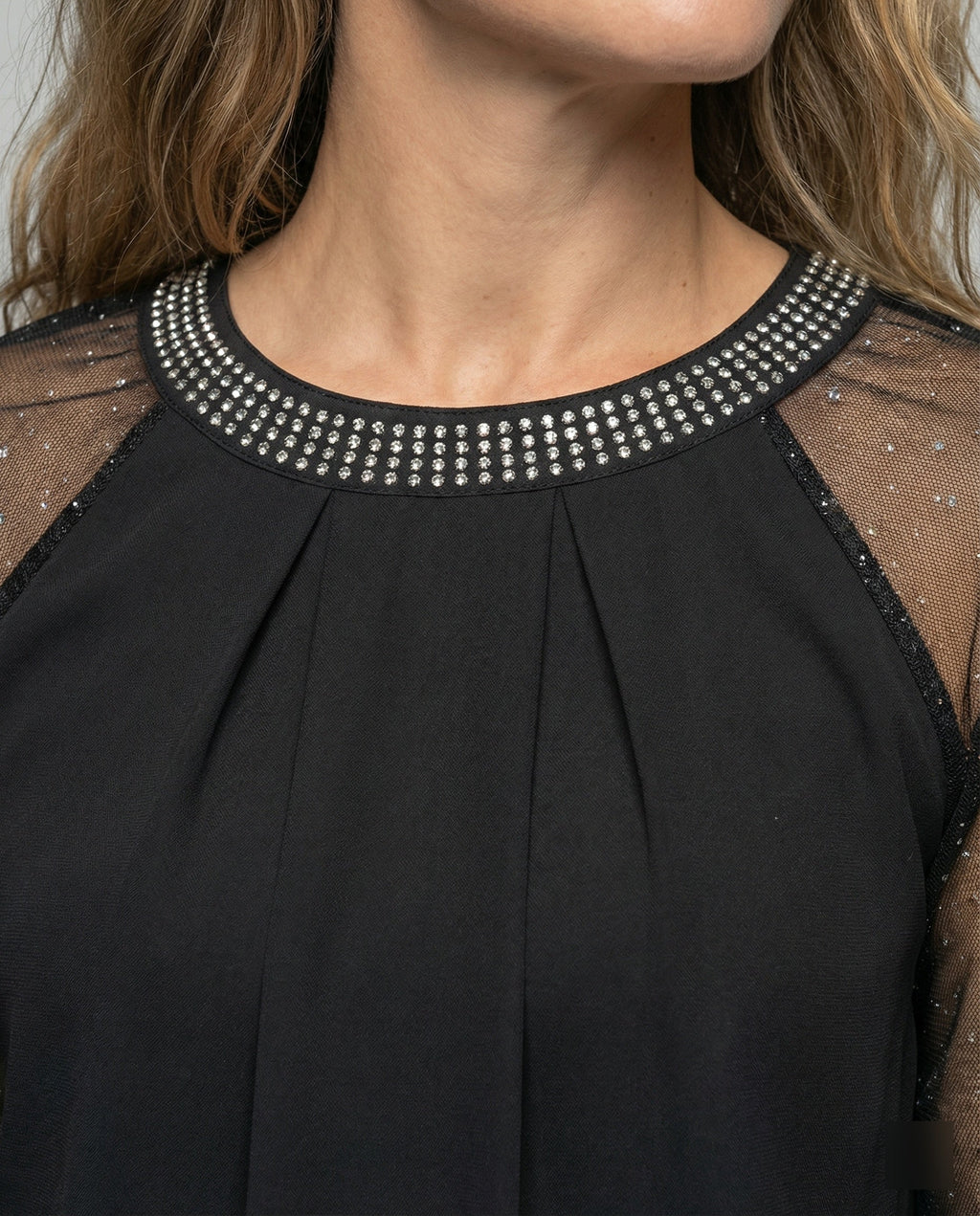 ShopNory Damen Mesh-Bluse mit Strassbesatz und transparenten Ärmeln