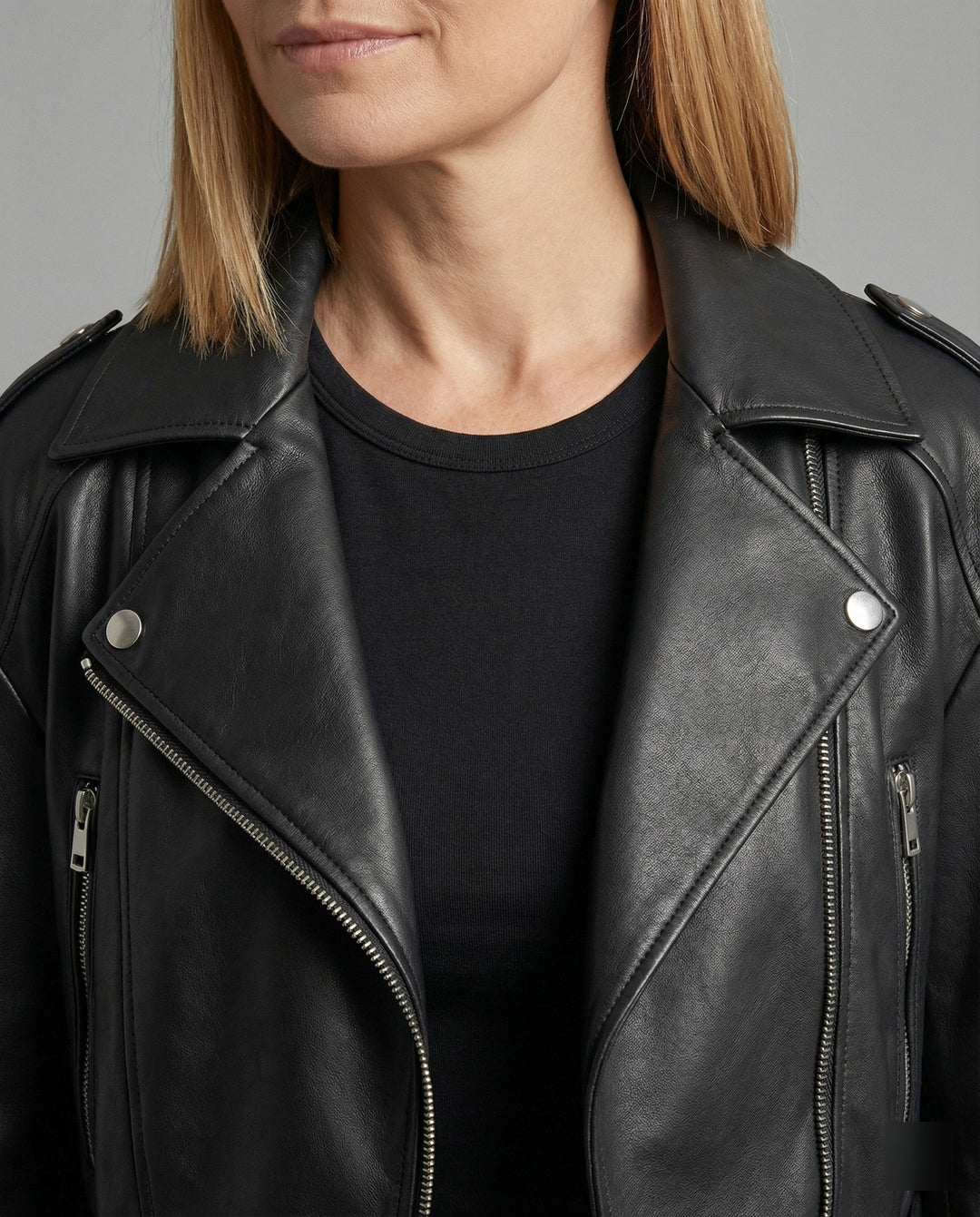 Damen Lederjacke Schwarz mit Gürtel