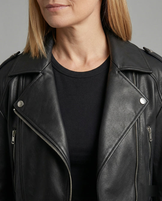 Damen Lederjacke Schwarz mit Gürtel