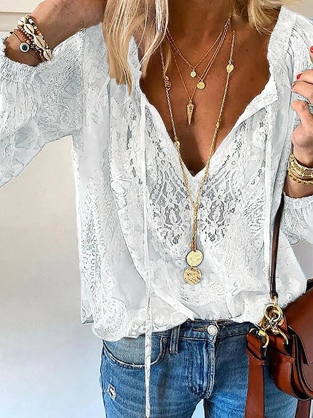 V-Ausschnitt Spitzen Chiffon Bluse