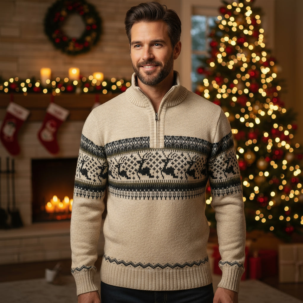 Winterpullover für Herren - warmer gestrickter Pullover mit halbem Reißverschluss & skandinavischem Rentiermuster