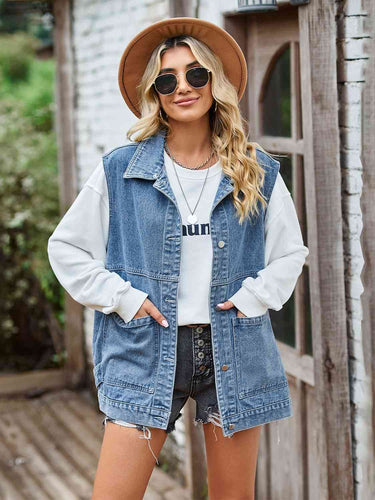 Knopf-Front Ärmellose Jeansjacke