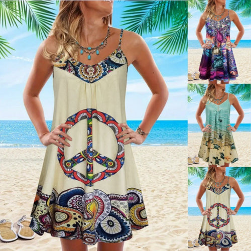 Shopnory | Bedrucktes lockeres Strandkleid mit ärmellosen Trägern