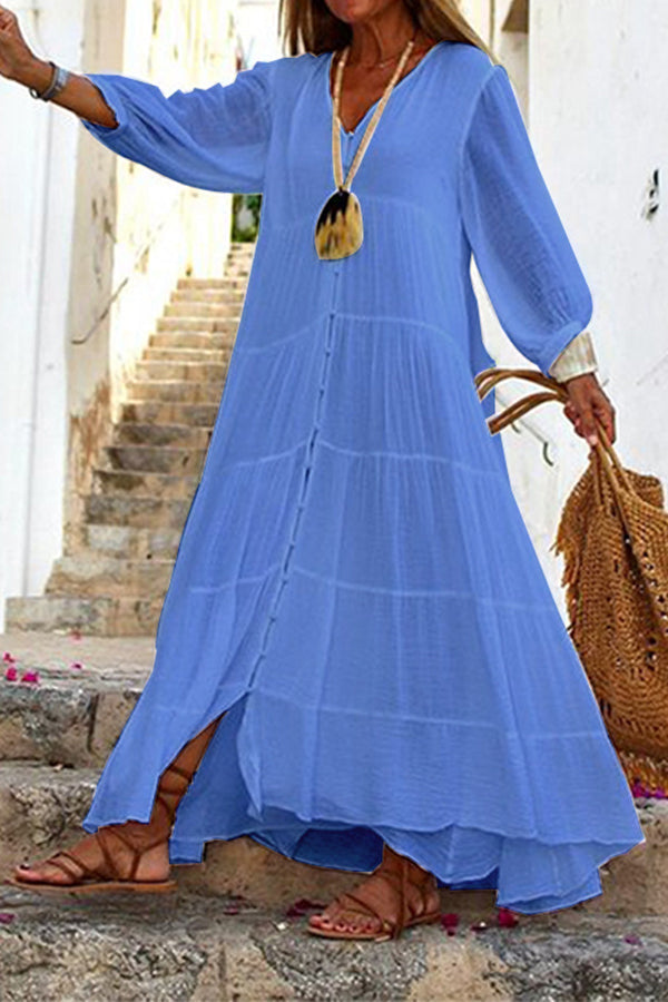 Seraphina Baumwoll-Leinen-Mischung Knopf-Up Gestuftes Maxikleid