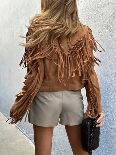 Shopnory | Braune Wildlederjacke mit Fransen für Frauen