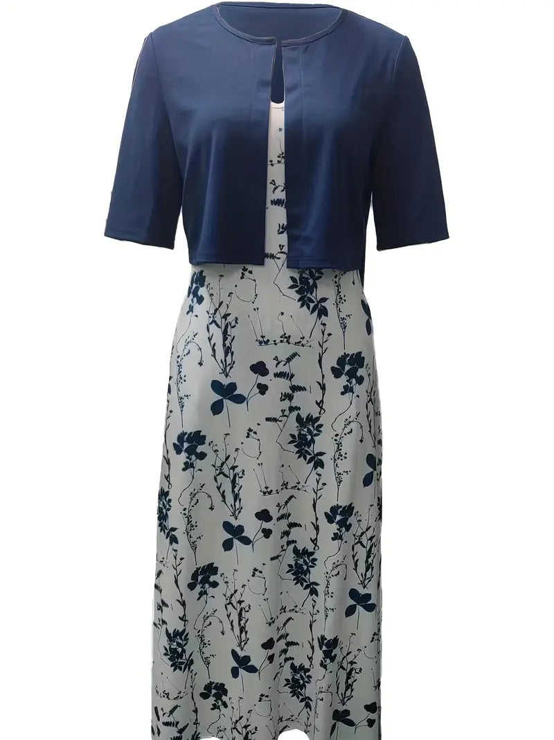 Shopnory | Elegante Zweiteilige Blumenkleid-Set mit Einfarbigem Crop-Top und Rundhalskleid