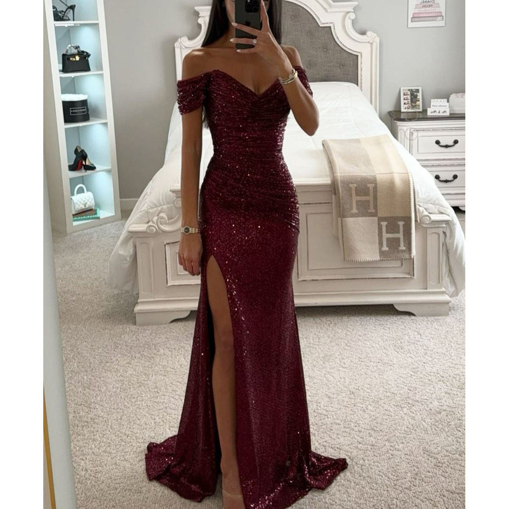 Glitzerndes Damen Abendkleid Schulterfreies Maxikleid mit Schlitz für Hochzeit & Fest | ShopNory