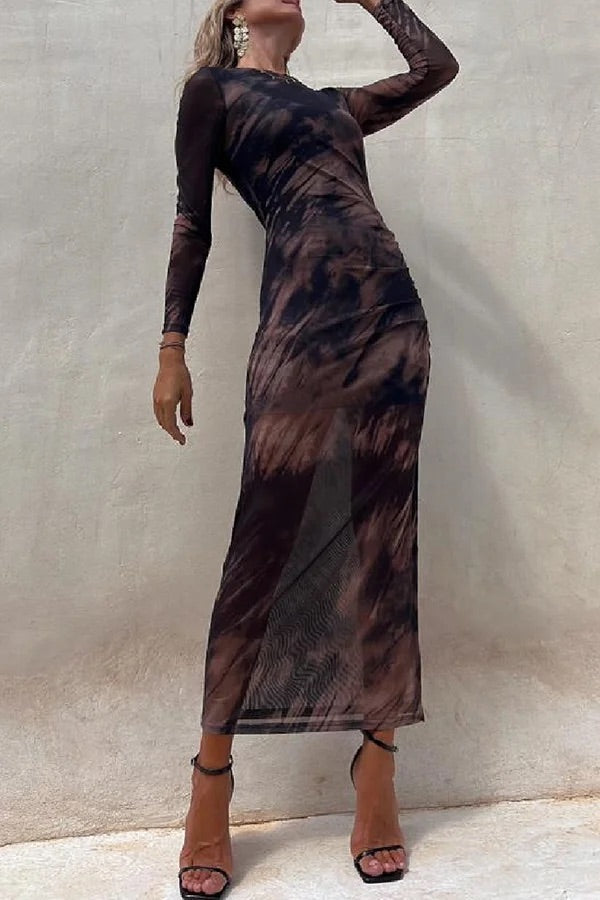 Charm Lady Mesh Overlay Tie Dye Print Langarm Rüsch Stretch Midi Kleid