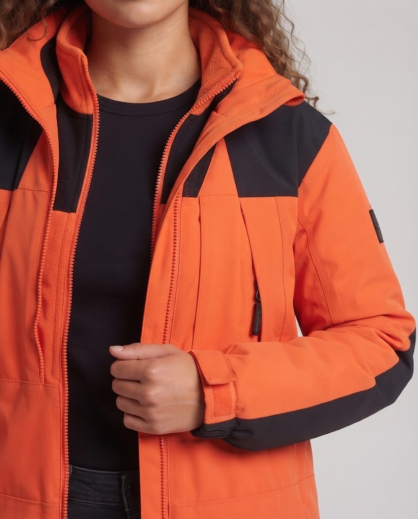 Damen zweilagige Outdoorjacke mit herausnehmbarer Fleece‑Innenjacke, wasserabweisender Außenhülle und Kapuze Shop Nory