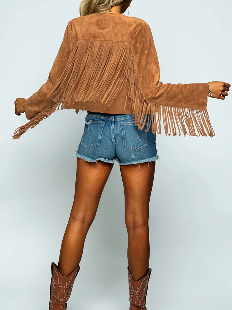 Offene Jacke mit Fransen Saum Im Wildleder Look