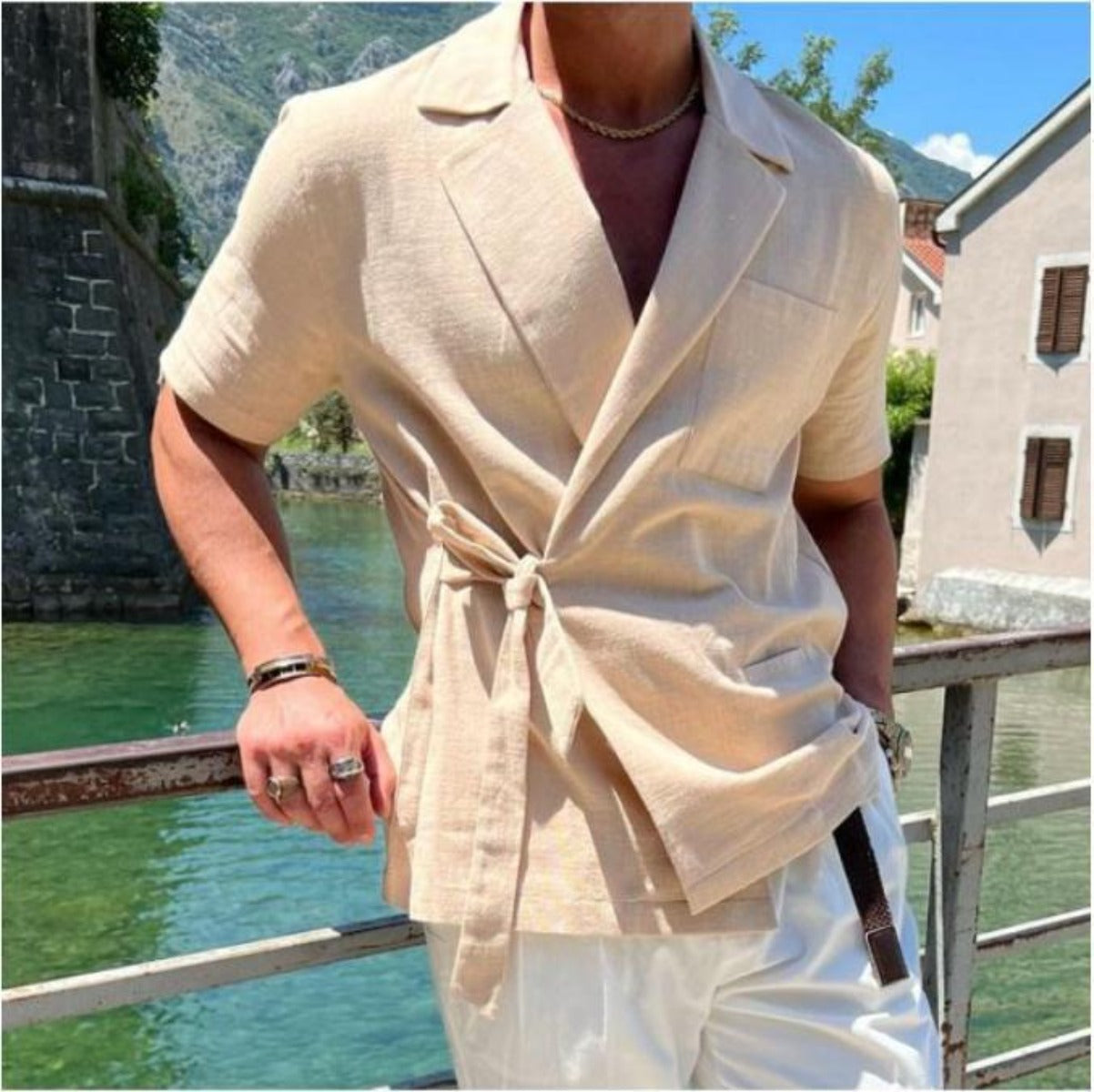 Leinen Anzug Revers Krawatte Hemd Jacke
