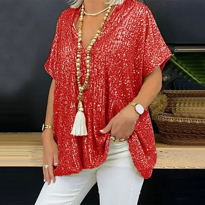 V-Ausschnitt Pailletten Bluse