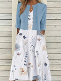Shopnory | Elegante Zweiteilige Blumenkleid-Set mit Einfarbigem Crop-Top und Rundhalskleid