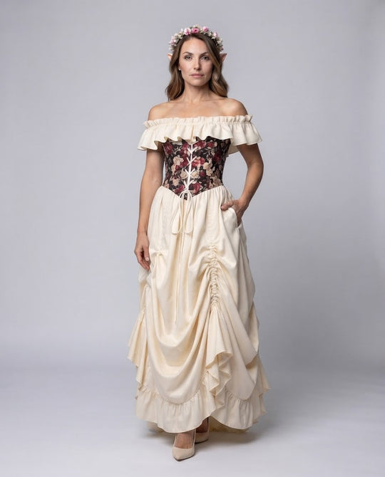 Frauen romantisches Maxi-Kleid mit Rüschen und floralem Oberteil Shop Nory