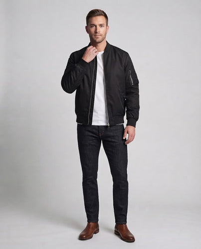 Herren leichter Nylon-Flightbomber mit Ärmeltasche, doppeltem Reißverschluss und gerippten Bündchen Shop Nory