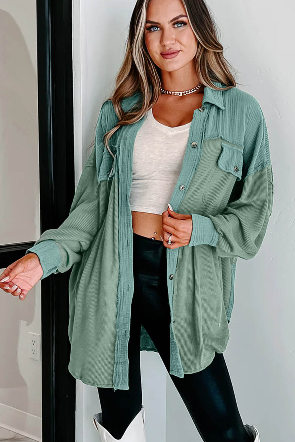 Shopnory | Langes Hemd Aus Cord Baumwolle und Polyester Lässiger Stil