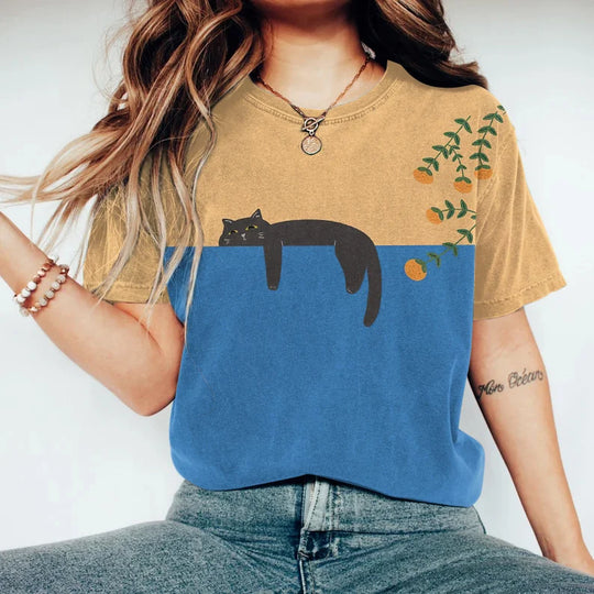 Shopnory | Zweifarbige Katzen-Grafik-T-Shirt für Damen