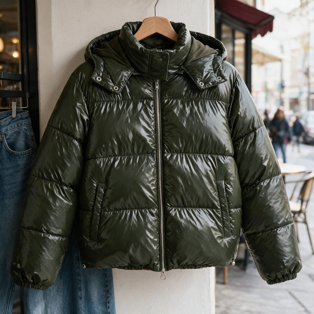 Damen Modische Hochglanz-Steppjacke mit Kapuze auf einem Kleiderbügel in einem Stadtcafé