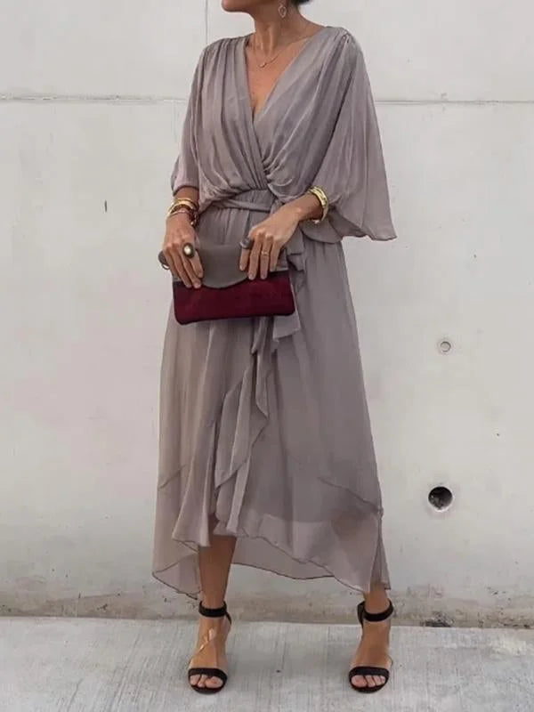 Damen Chiffonkleid Grün V-Ausschnitt Sommerkleid