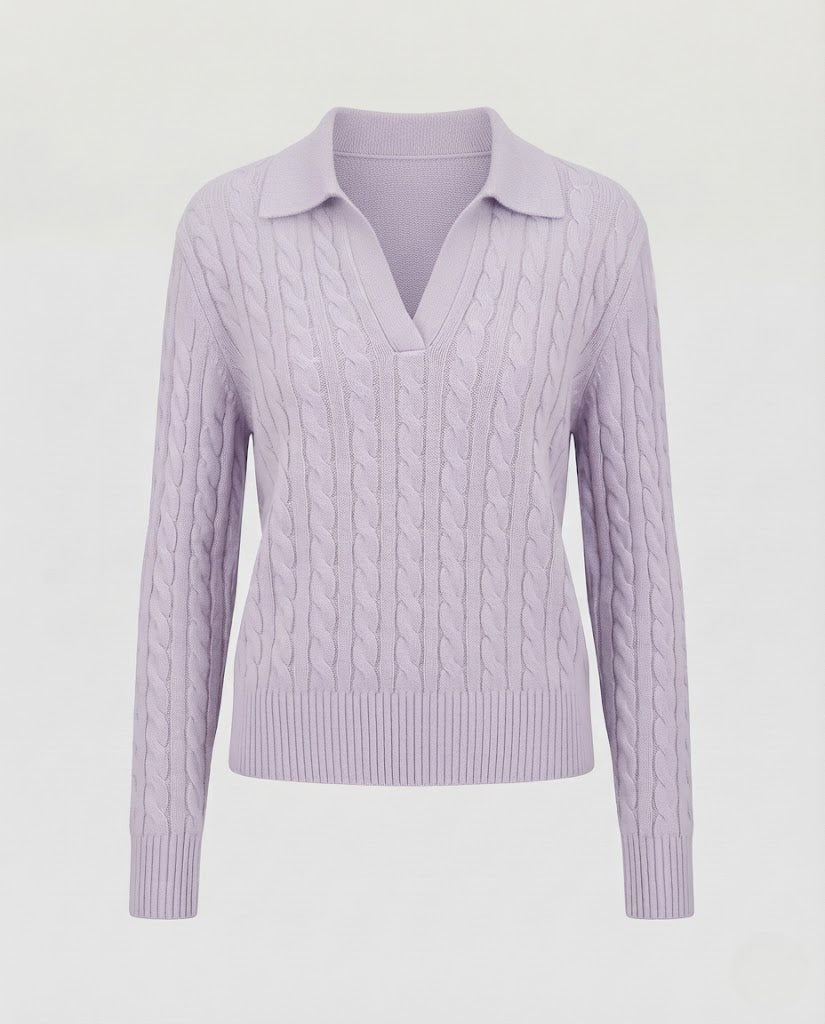 Damen Kabelstrick-Polo-Pullover mit V-Ausschnitt und weicher Feinstrick-Qualität Shop Nory