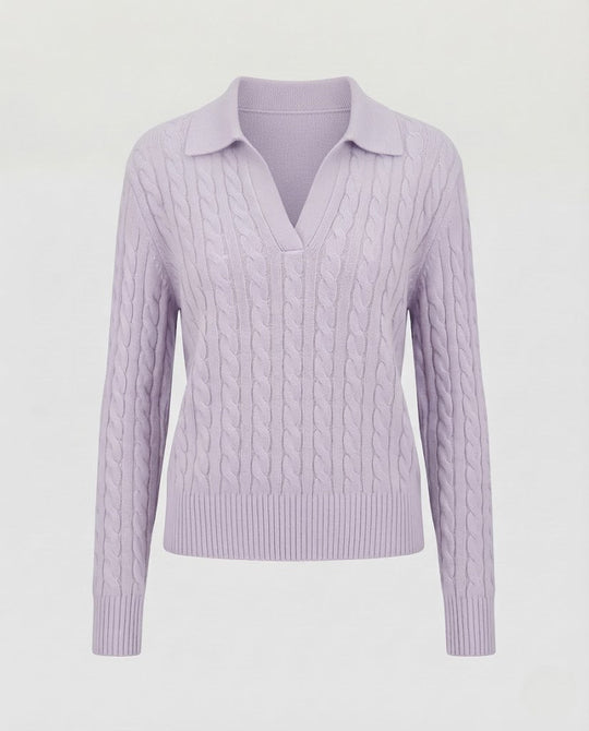 Damen Kabelstrick-Polo-Pullover mit V-Ausschnitt und weicher Feinstrick-Qualität Shop Nory