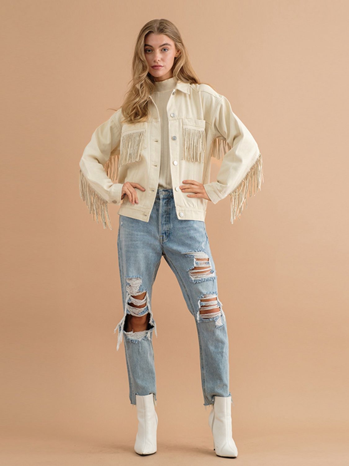 Fransen-Detail Gefallene Schulter Denimjacke