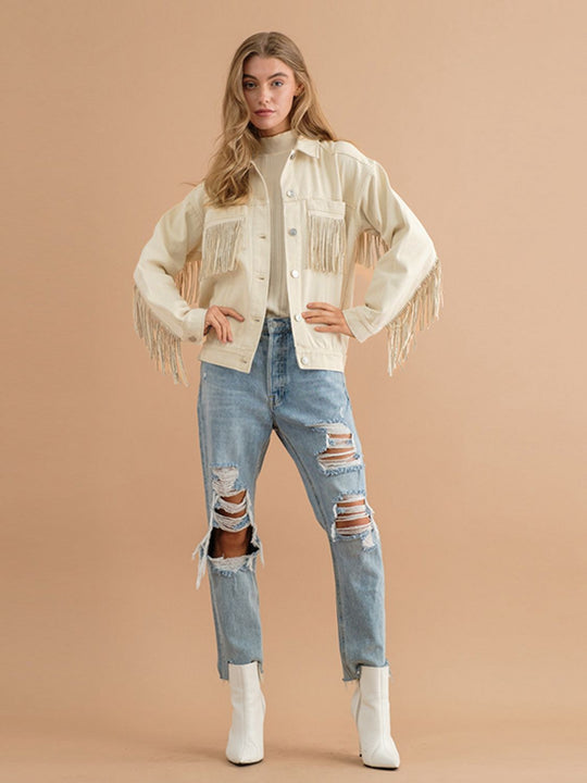 Fransen-Detail Gefallene Schulter Denimjacke
