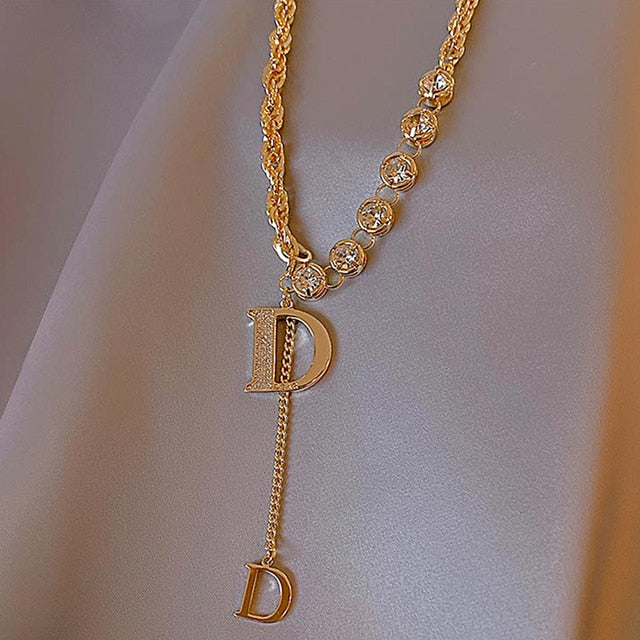 Zircon D Buchstaben Anhänger Langes Halsband | Shop Nory