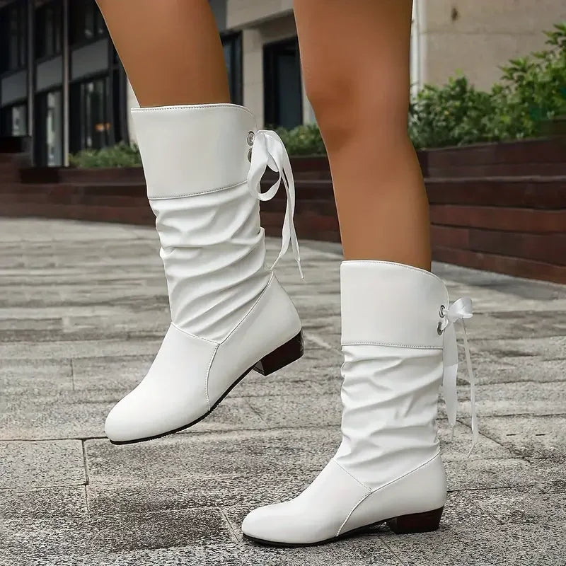 Damenmode Schnürung Chunky Heel Stiefel Bis Zur Wade