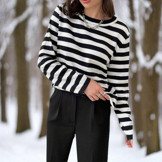 Langarm-T-Shirt Gestreift Rundhals Relaxed Fit Atmungsaktive Baumwolle