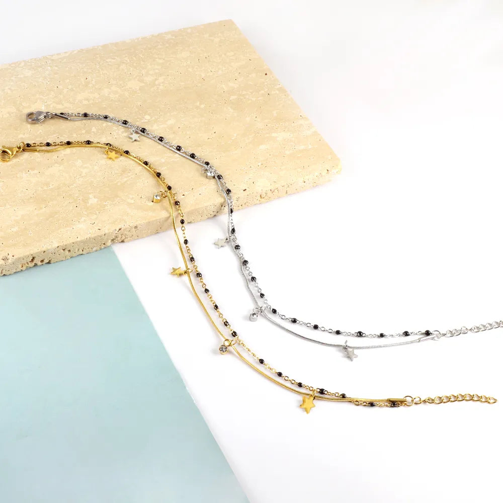 Doppelkettenstern Kristall Schwarz Perlen Fußkette | Shop Nory