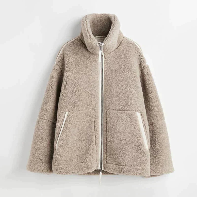 Teddy-Mantel - Weicher Schaffell-Look - Oversized Passform - Hoher Kragen - Reißverschlussverschluss