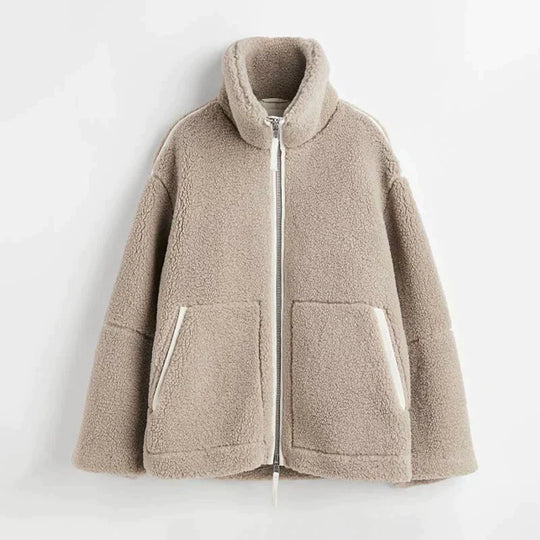 Teddy-Mantel - Weicher Schaffell-Look - Oversized Passform - Hoher Kragen - Reißverschlussverschluss
