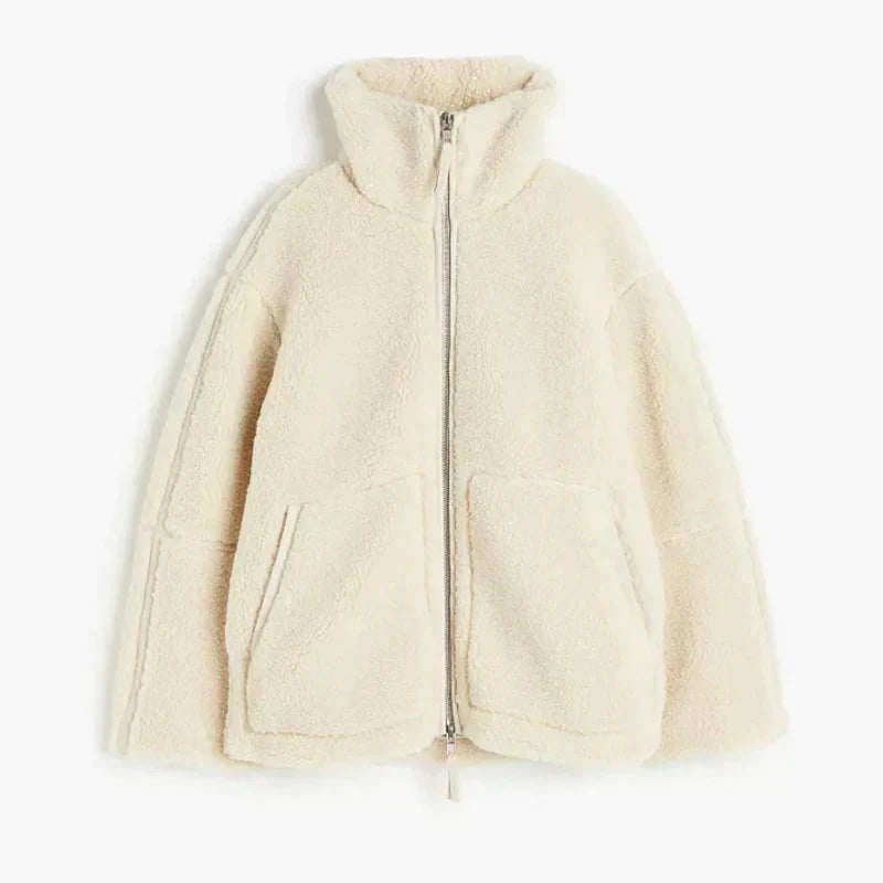 Teddy-Mantel - Weicher Schaffell-Look - Oversized Passform - Hoher Kragen - Reißverschlussverschluss