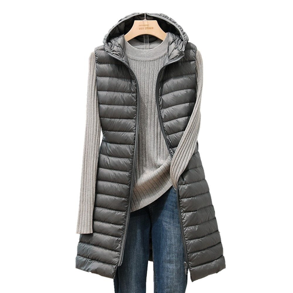 Shopnory | Lange Pufferweste - Gepolstert und mit Kapuze - Reißverschluss - Bequem und Warm