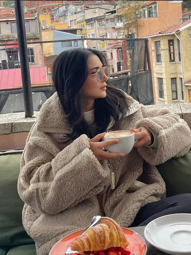 Teddy-Mantel - Weicher Schaffell-Look - Oversized Passform - Hoher Kragen - Reißverschlussverschluss