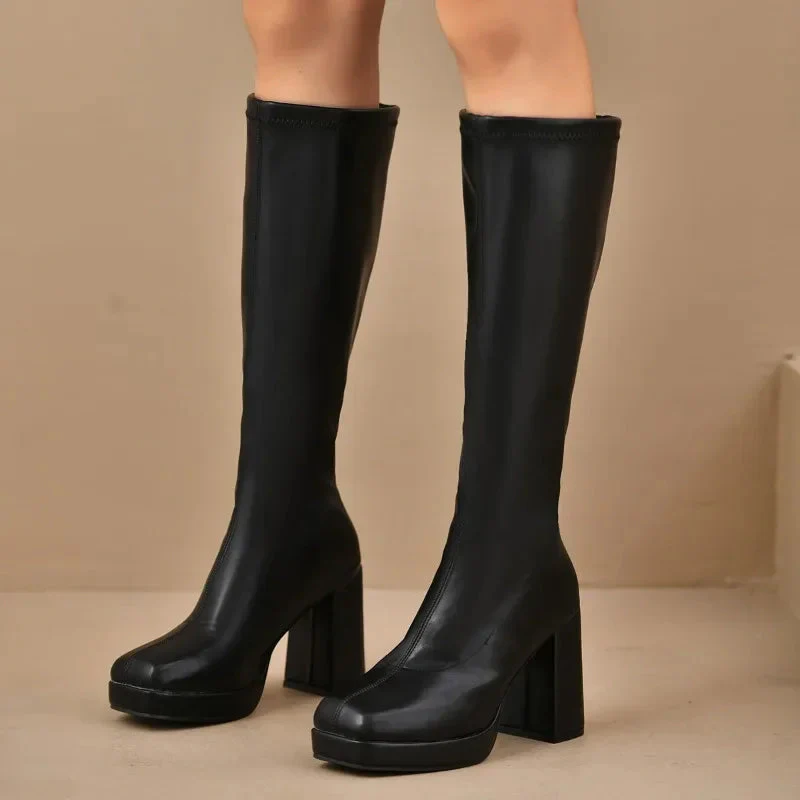 Knöchelhigh Boots Stretch Fit Plattformsohle Blockabsatz Rechte Zehe