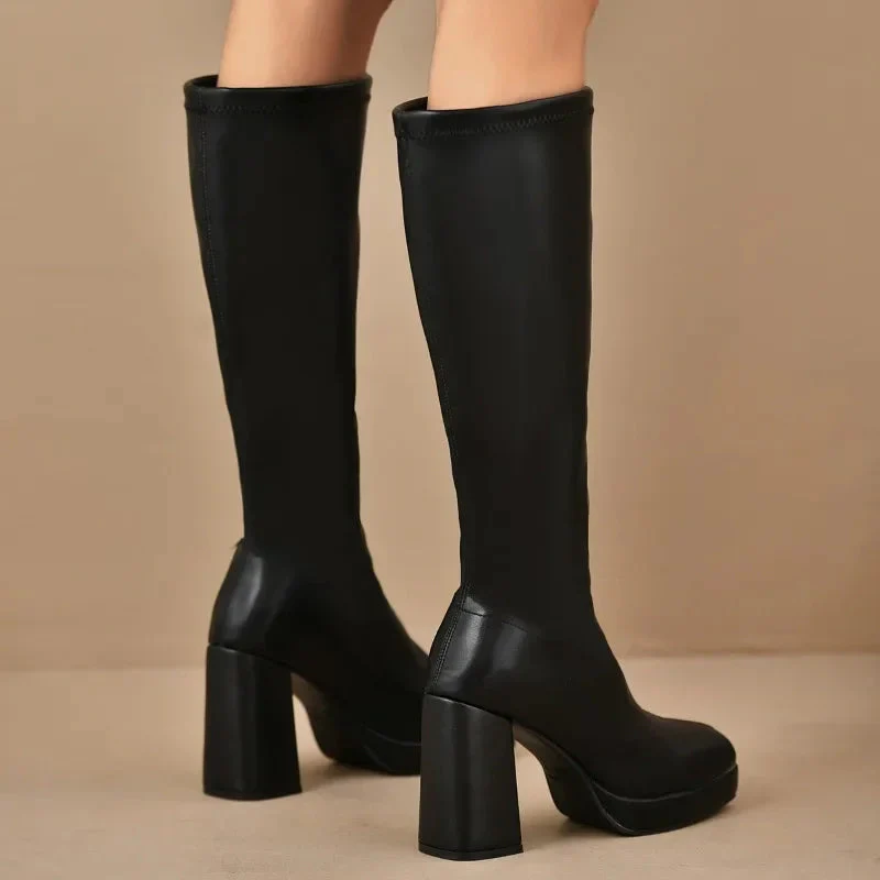 Knöchelhigh Boots Stretch Fit Plattformsohle Blockabsatz Rechte Zehe