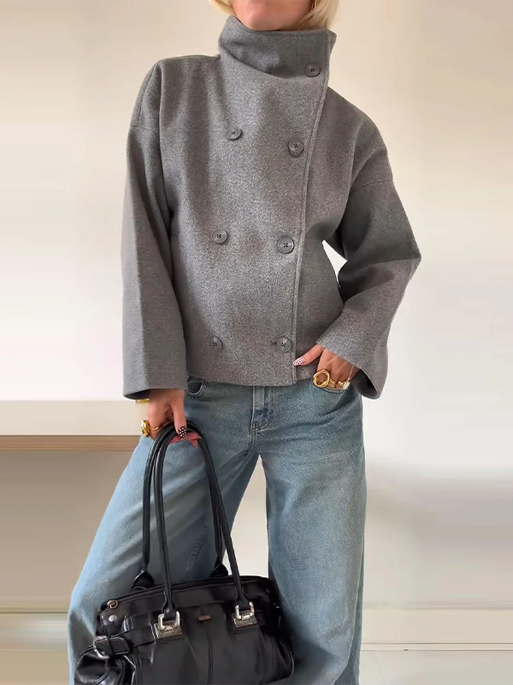 Wollmischung Jacke mit Hohem Kragen und Knöpfen