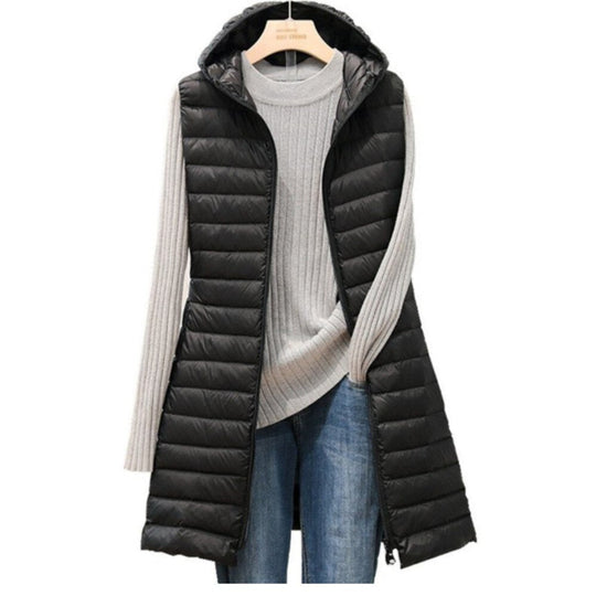 Shopnory | Lange Pufferweste - Gepolstert und mit Kapuze - Reißverschluss - Bequem und Warm