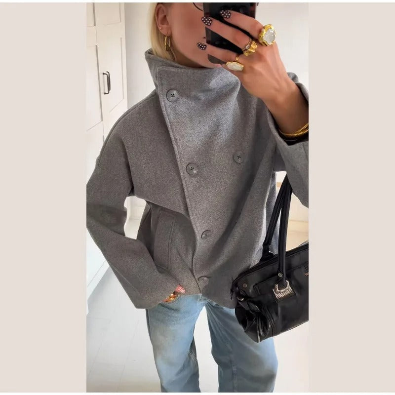 Wollmischung Jacke mit Hohem Kragen und Knöpfen