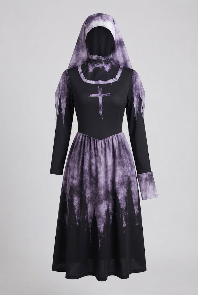 Damen Gruselige Nonne Kostüm mit Spitzenärmel und Tüll-Details Shop Nory