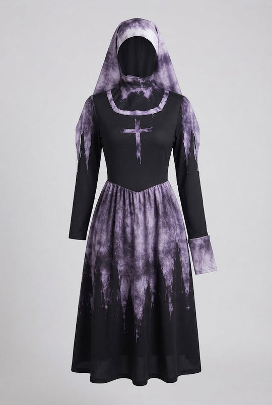 Damen Gruselige Nonne Kostüm mit Spitzenärmel und Tüll-Details Shop Nory