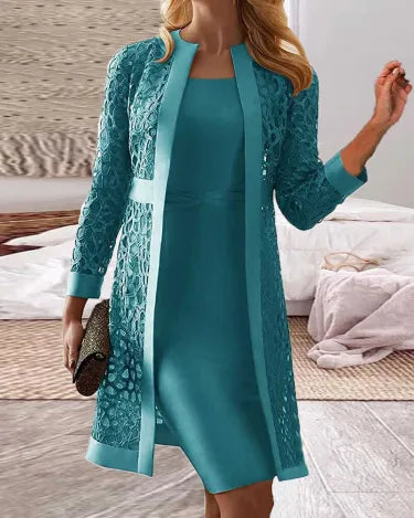ShopNory Damen 2-teiliges Kleid-Set mit Spitzen-Cardigan