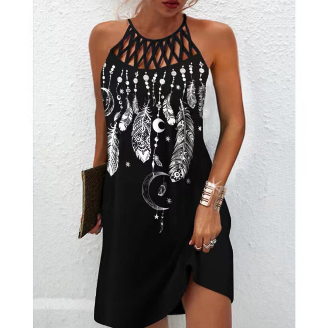 Shopnory | Positionierung Bedrucktes Mesh Strap Ärmelloses Kleid